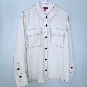 NWT Vince Camuto Ecru Off White Blouse with Black Stitching Accents Size M